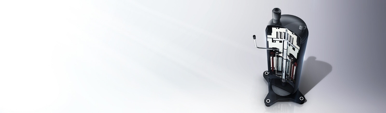 The fourth-generation LG variable frequency compressor with a black-coated base and spiral metal components.